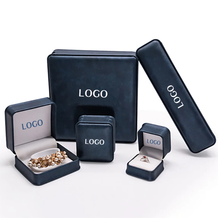 Luxury Custom Logo Navy Key Lock Blue Ring White Light Big Jewelry Necklace Box With Pu Leather
