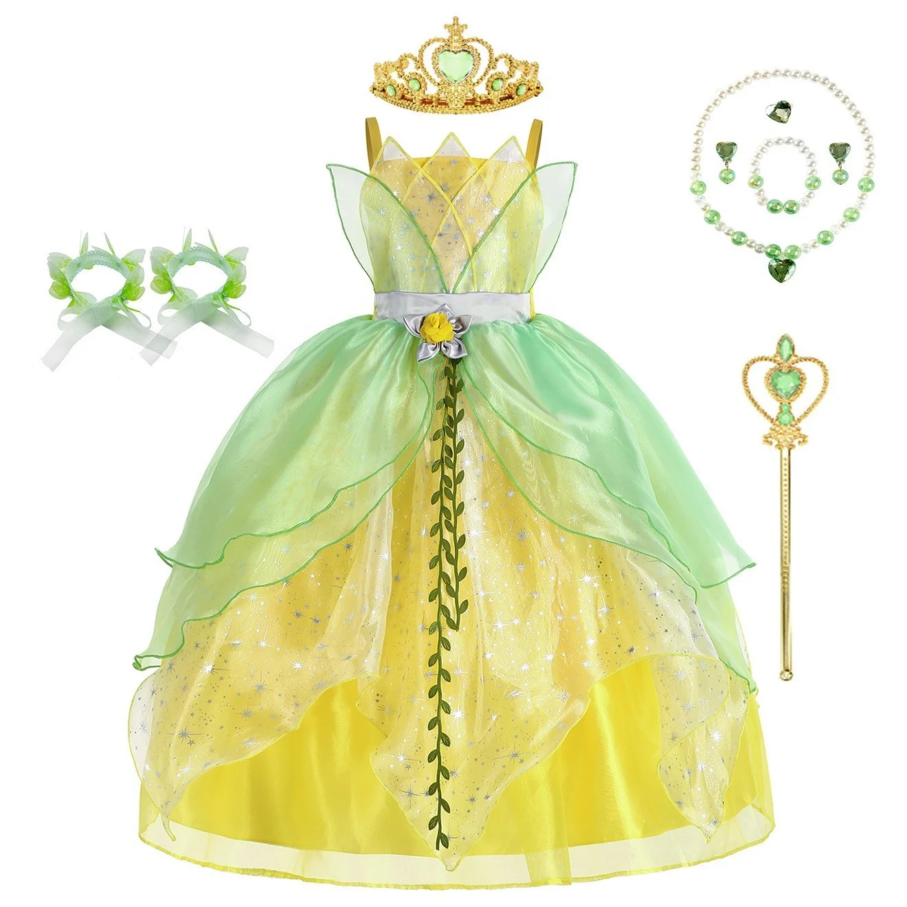 Factory price Halloween cosplay green elf dress Princess Tiana Tinker Bell school Party kids performance clothes