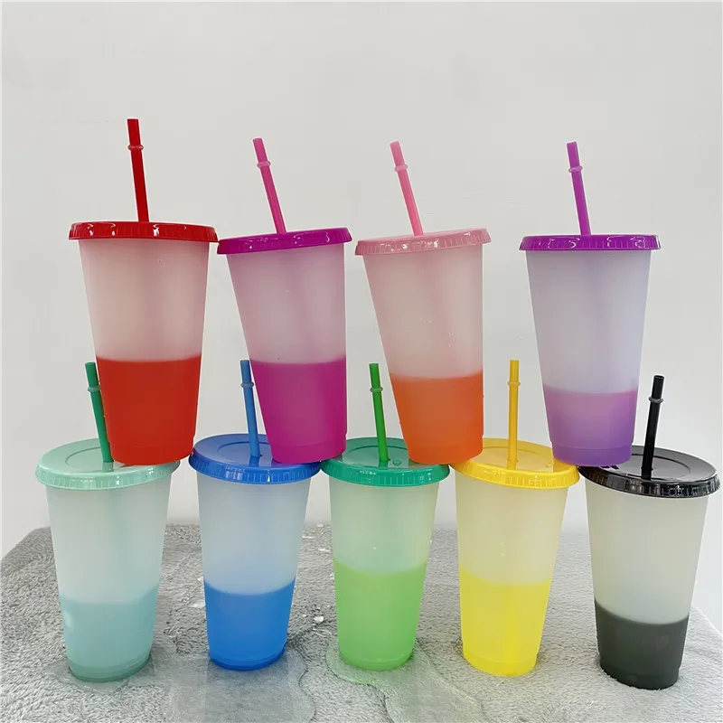 Не содержит Бисфенол А заказ 24 Oz цветной Кофе Magic стакан многоразовые холодной воды, изменение цвета пластиковая теплая чашка с крышкой соломы