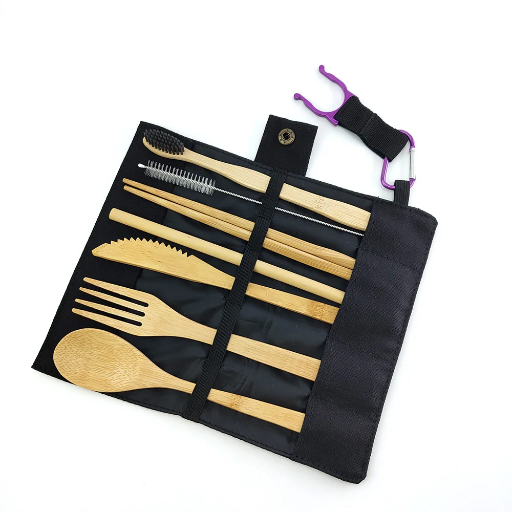 Bamboo dining utensil set knife/fork/spoon/Chopsticks/straw/brush/toothbrush travel cutlery set with custom bag