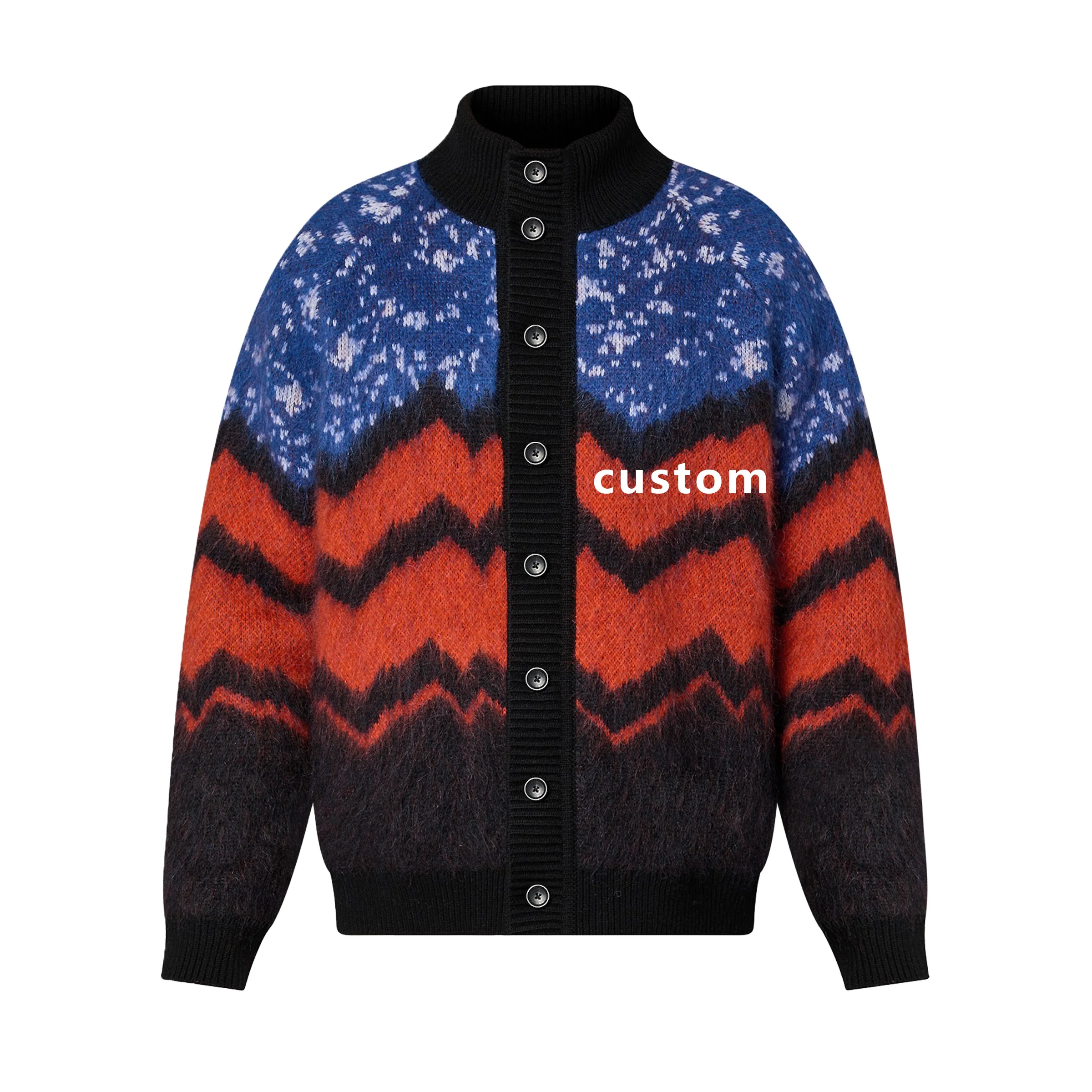 Custom OEM fuzzy Intarsia knit jacquard mohair wool knitted pullover oversized cardigan knitwear sweater for man