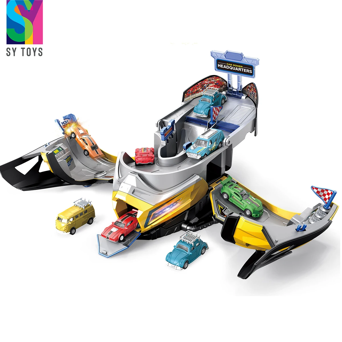 SY TOYS Unisex Plastic Airplane Garage Parking Lot Track Toy Light Car Off-Road Helmet Variant Storage Variant Storage Parking