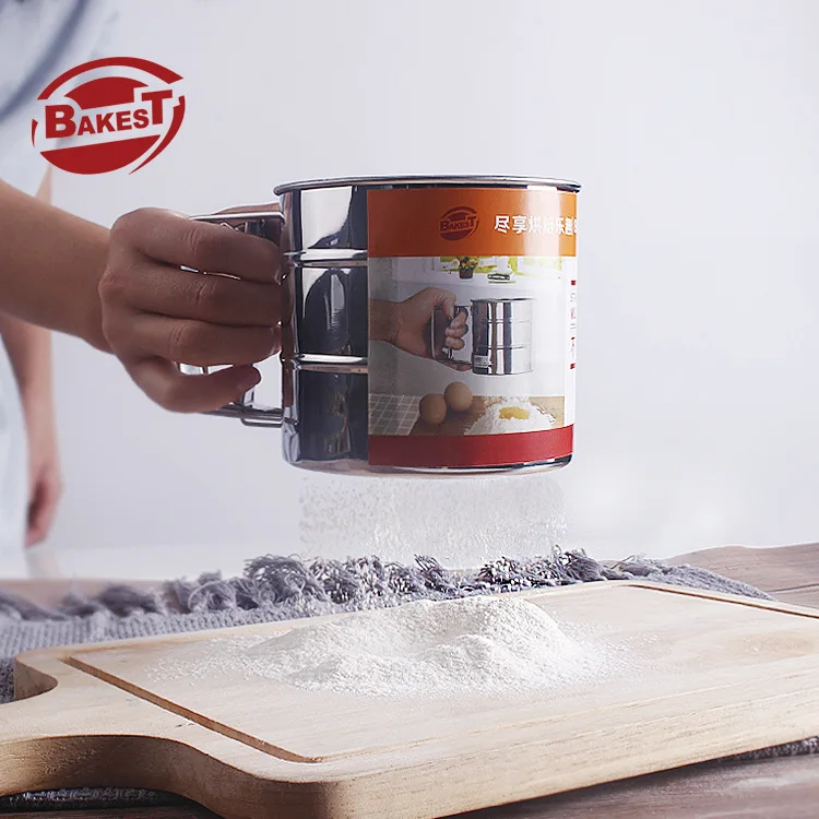 Bakest Handheld Press Flour Sifter Stainless Steel Sugar Shaker Powder Strainer Baking Pastry Tool Cup Shape Flour Sifter