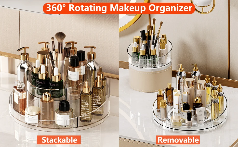 2 Tier Lazy Susan  Acrylic Makeup Organizer Tray 360 Rotating Cosmetics Display Case Turntable Makeup Brush eyeshadow holder