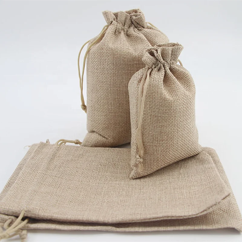 Wholesale Small Eco-friendly Custom Logo Printed Cute Design Linen Jute Burlap Drawstring Pouch Dust Gift Bag