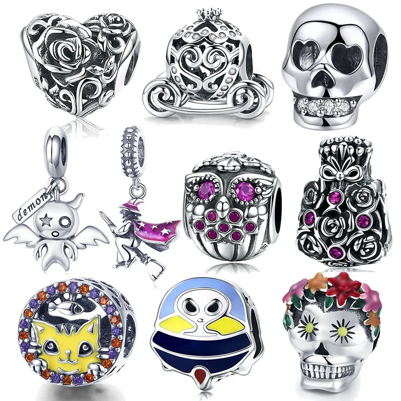 Halloween new style witch charm 925 sterling silver charm beads skull accessories for bracelet Charms For Jewelry Making gift