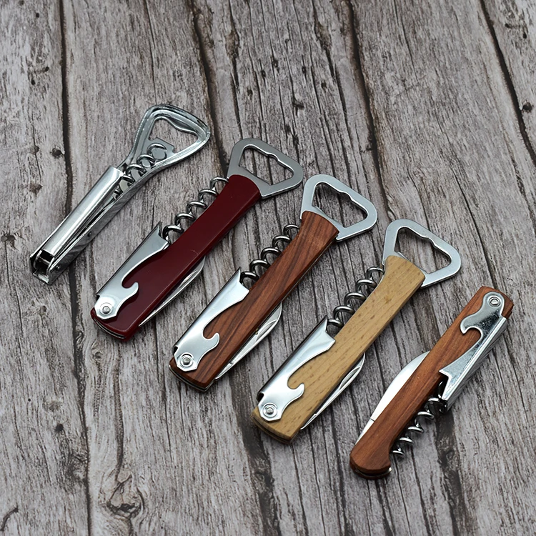 Deluxe Multifunctional Wood Handle Double Hinge Beer Opener Stainless Steel Wine Bottle Corkscrew For Waiters