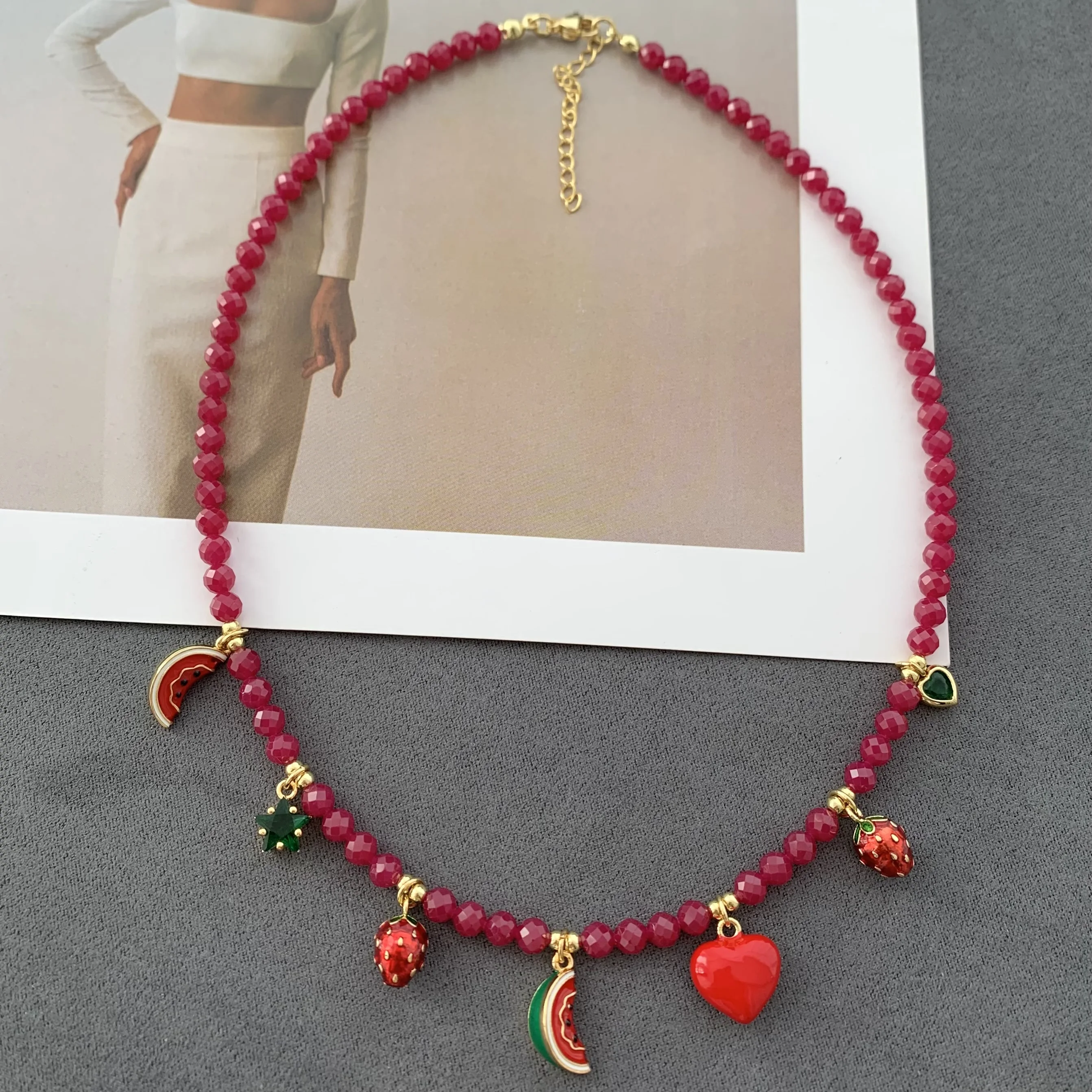 LS- B6561 Burgundy fashion necklace Christmas Gifts agate beaded cz necklace   jewelry strawberry enamel heart necklace