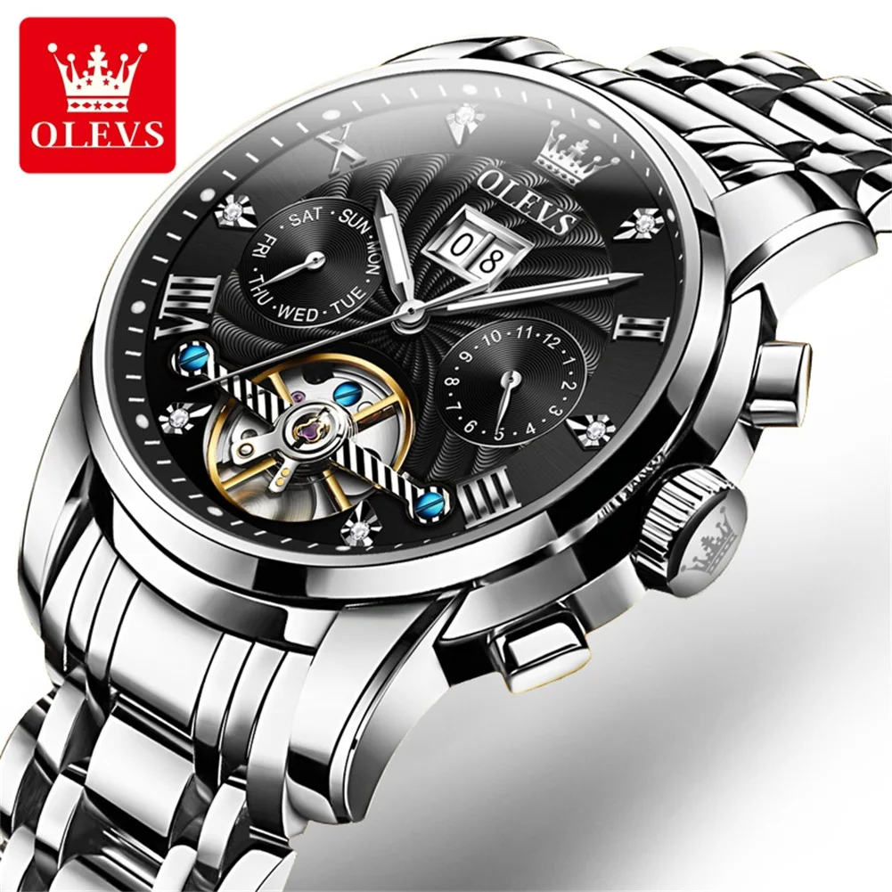 Olevs 9910 sports automatic tourbillon slef wind luxury waterproof metal classic cool stainless steel luminous Date Men Watch