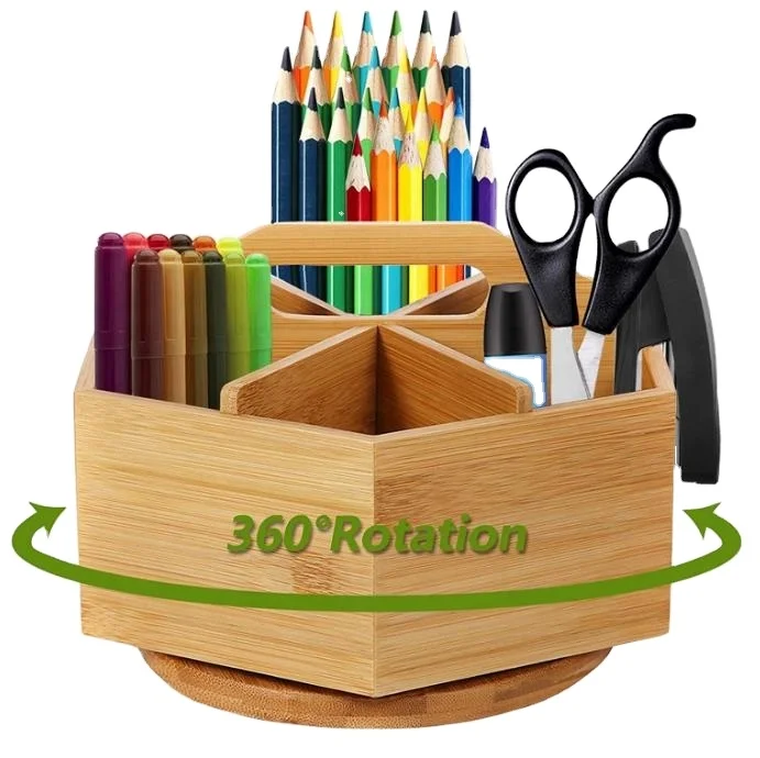 Eco-friendly Bamboo Rotating Pencil Holder with 6 Compartments Bamboo Wooden desk organizer