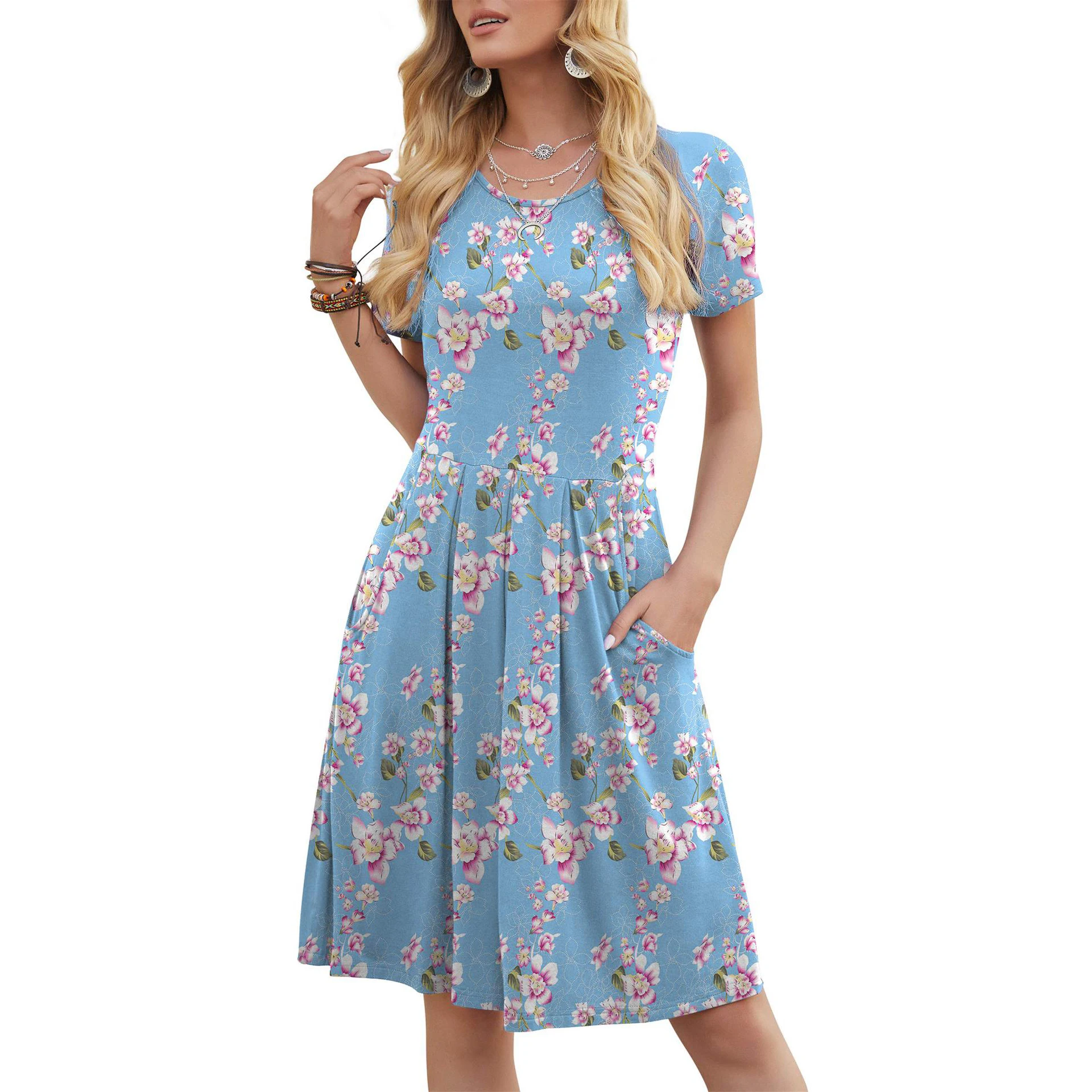 lady ruffle elastic loose comfy swing sundress elegant casual pocket floral print round collar short sleeve summer dress 2022