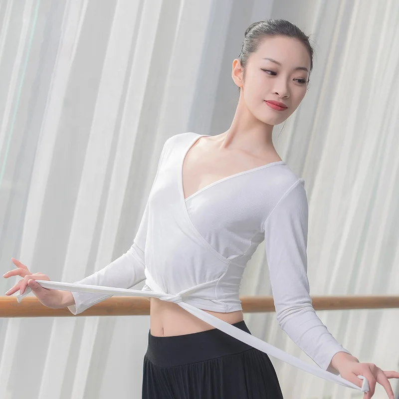 
Modern dance yoga costume Ice silk long sleeve V-neck lace-up dance tops 