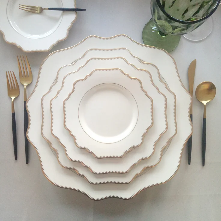 White Wedding Decor Porcelain Dinnerware Sets, Sunflower Gold Rim Ceramic Dinner Plates