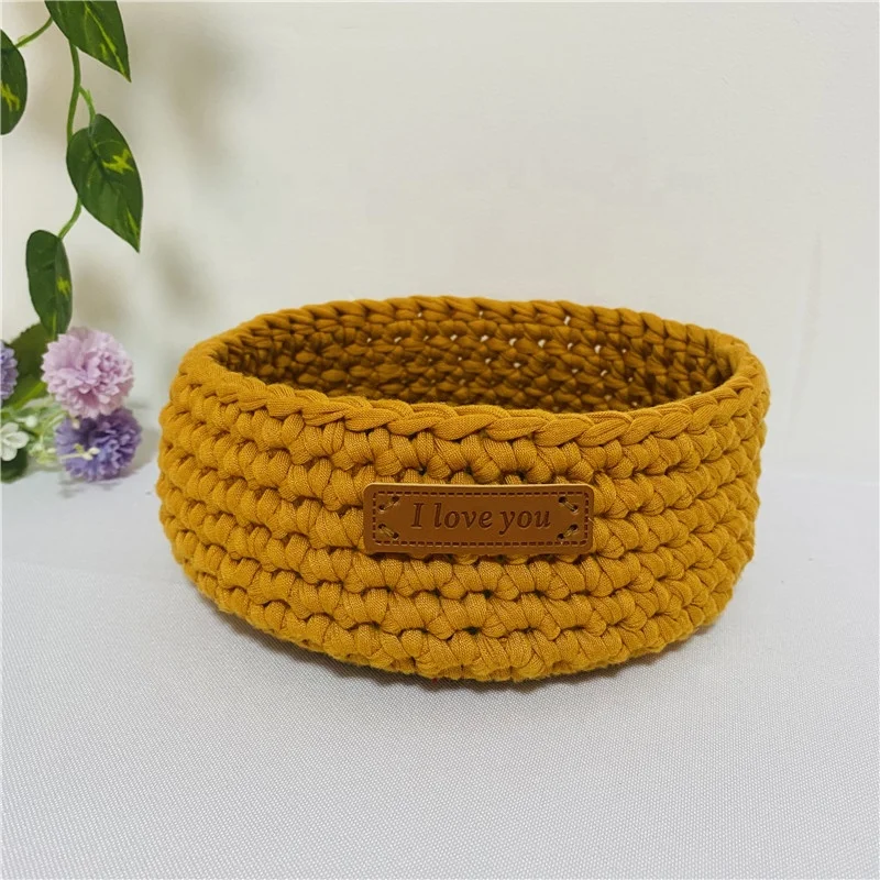 Crochet Patterns Cloth rope Woven Storage basket with PU leather bottom small goods storage organizers