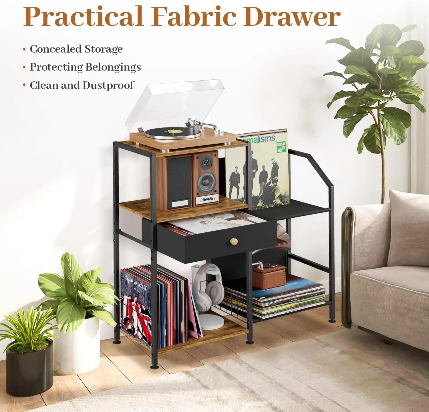 Living Room Vinyl Shelf Storage Vintage Turntable Stand Holder Large End Table Media Stereo Record Player Stand