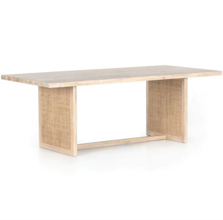 new design solid wood rectangle dining table with rattan details folded legs for wedding event