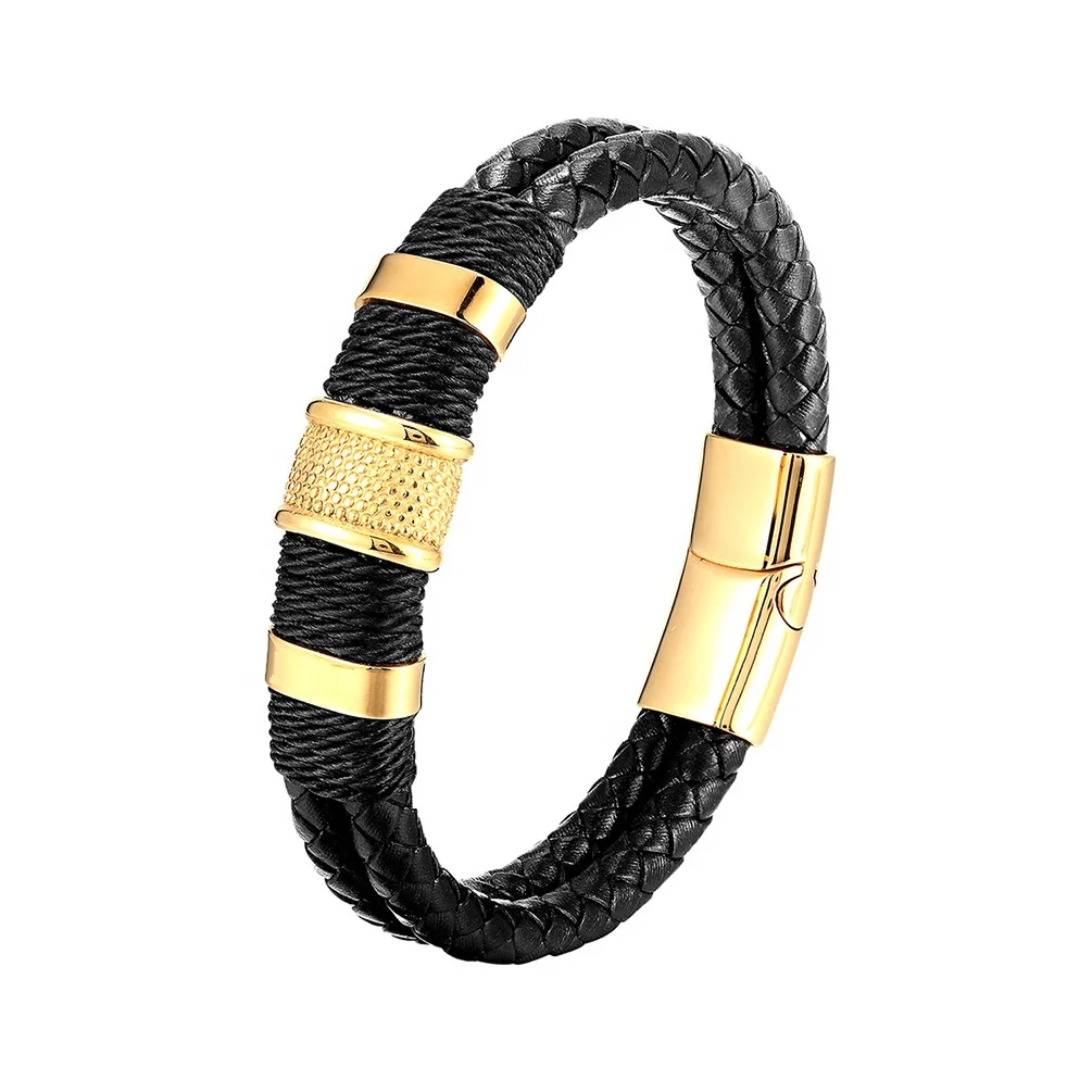 Alin Fashion Mens Braided Bracelet Black Genuine Leather Bracelet With Stainless Steel Clasp Wristband Bracelet For Men