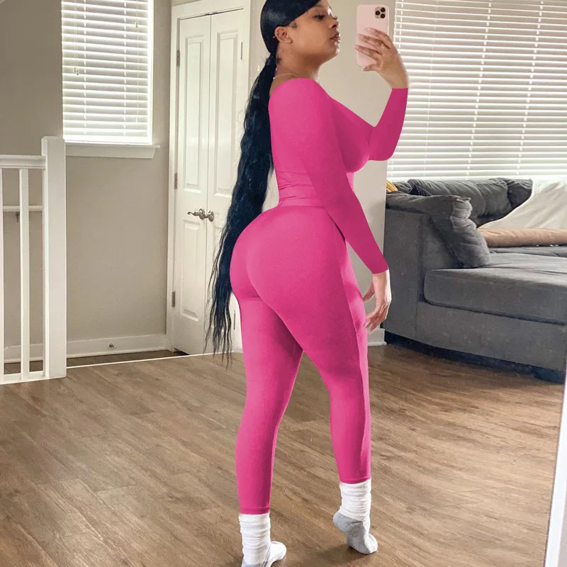 Hot Selling Fall 2024 Women Clothes Long Sleeve  2 Piece Set Ribbed Women With Legging Sports Solid Color Loungewear Women Sets