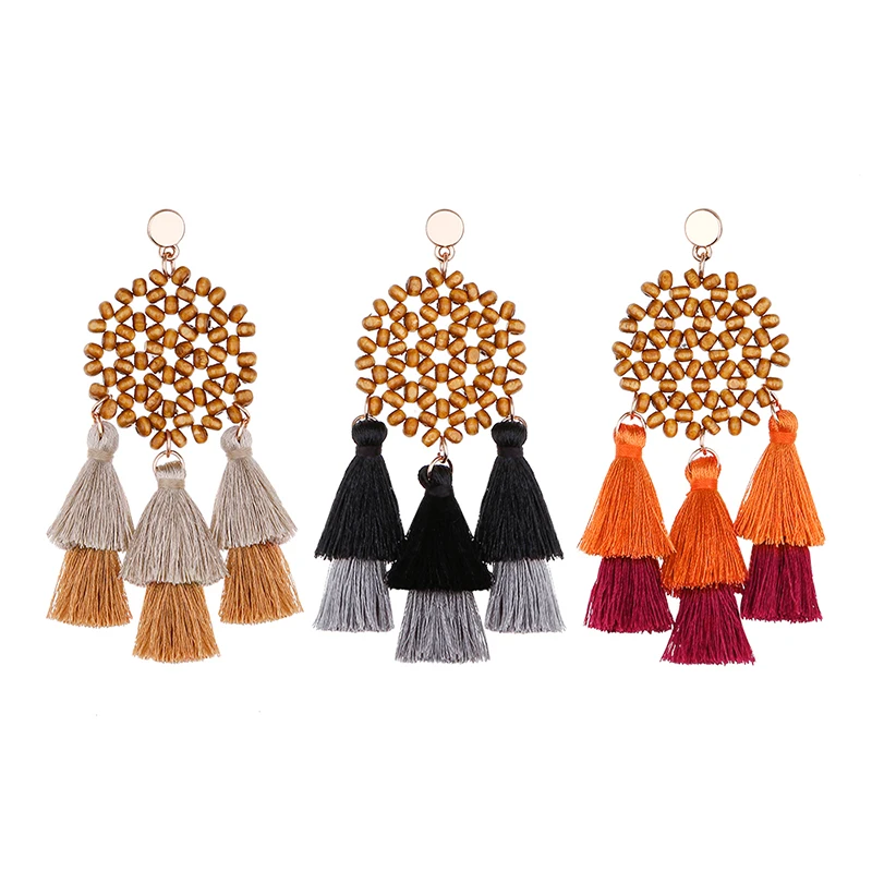
New Arrival Long Large Tassel Earrings Statement Bohemian Wooden Bamboo Drop Earrings for Women 