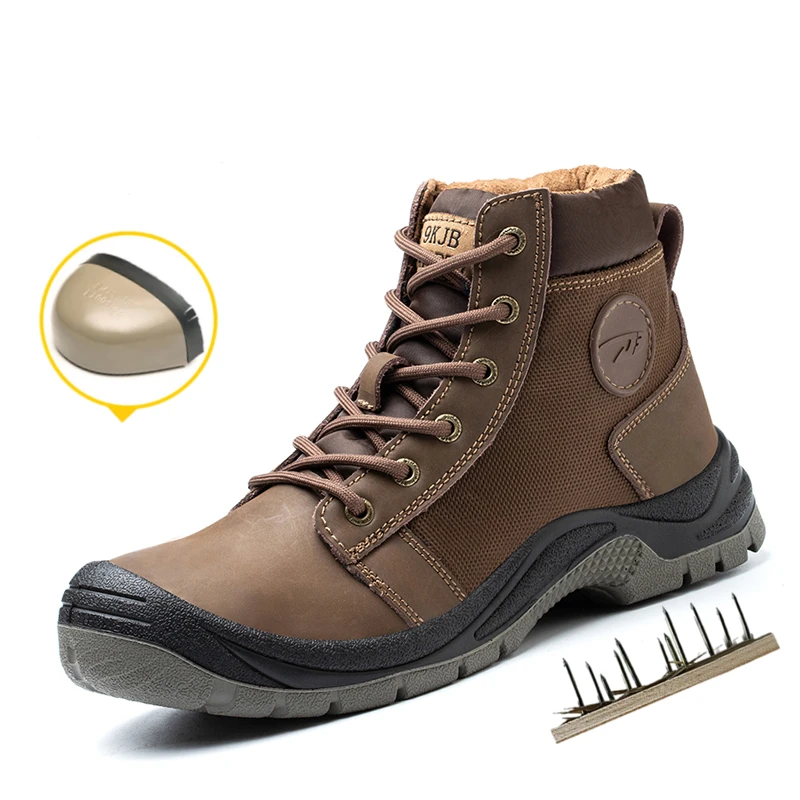 Brand High-top Genuine Cowhide Upper Waterproof Non-slip Stab-proof Work Steel Mine Toe Caped Safety Boots