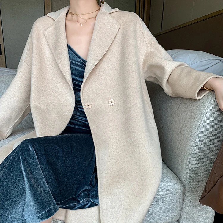 Wholesale Price Autumn Winter Loose Fashion Simple Solid Color Trench Wool Coat Women