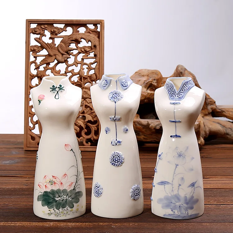 Китайский Стиль ручной росписью Cheongsam Tang костюм сине-белая креативная керамическая фарфоровая ваза для