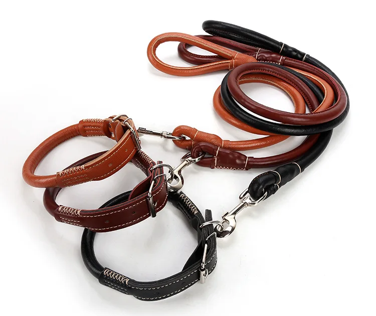 Durable wear-resistant PU soft leather neck with dog walking leash set pet collar