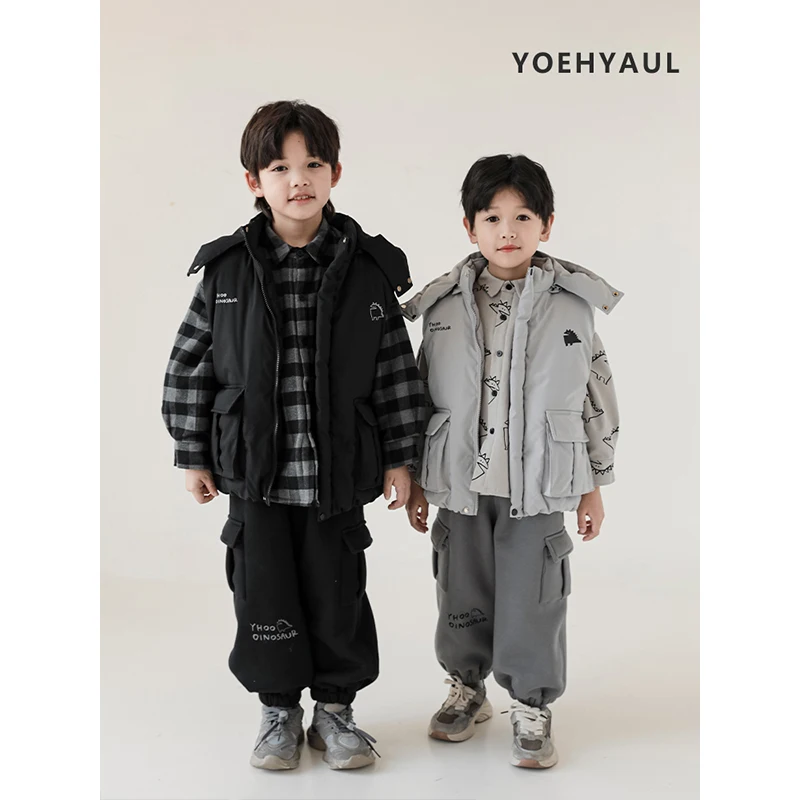 YOEHYAUL Thickened Children Winter Set For Kids Hooded Cotton Vest Outer Wear New Kids Clothing Sets For Boys