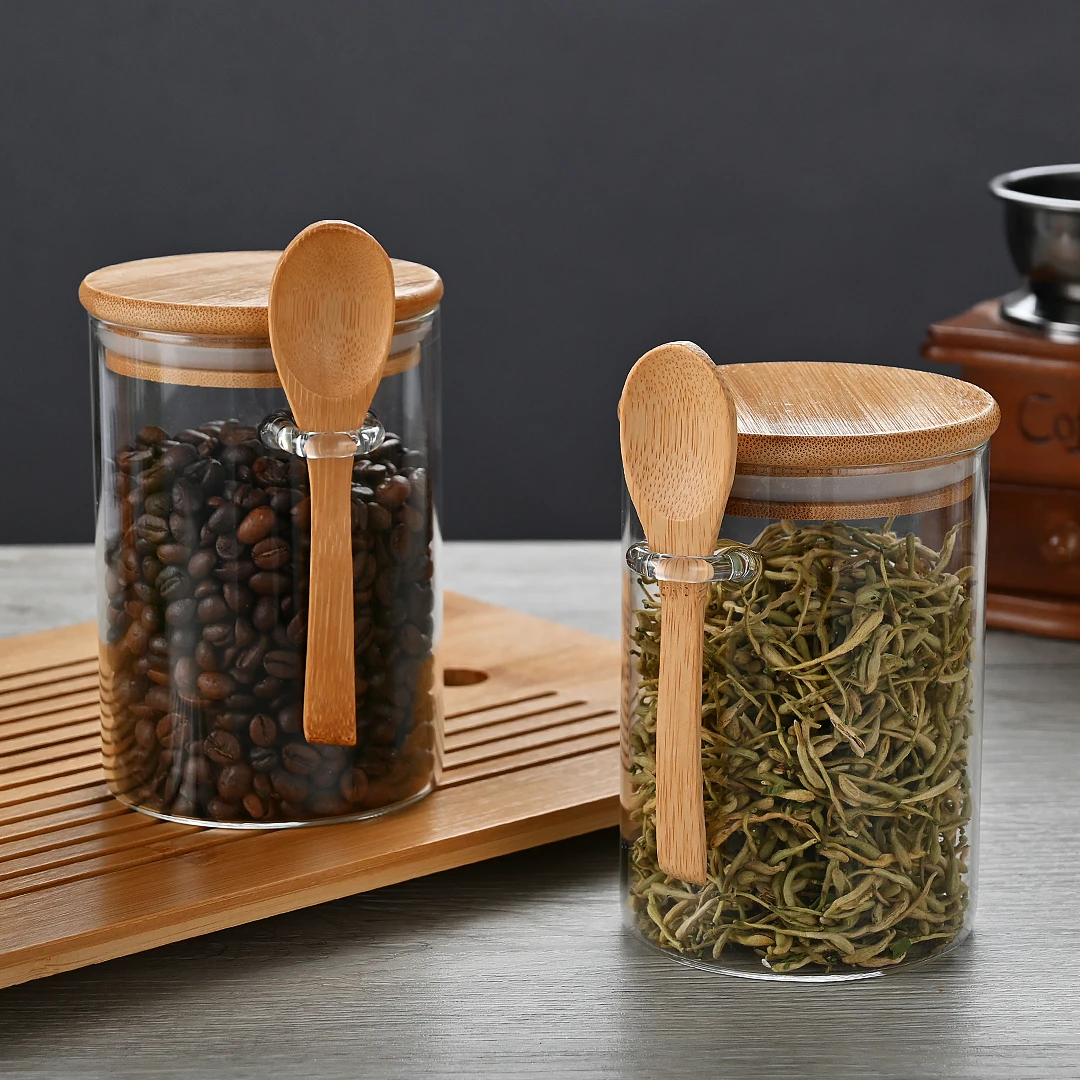 6pcs Airtight high borosilicate glass spice Storage jar set with bamboo lids and spoon