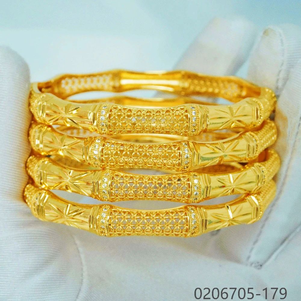 Vintage 18K Gold Plated Bangle Dubai Geometry Shine Zircon Wholesale Brass Zircons Arabic Jewelry Fashion Gold Bangles for Women