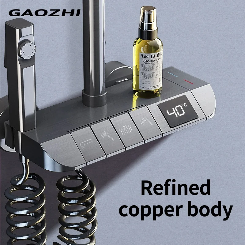 Manufacturer Price Black Rain Brass Bathtub Piano Key Thermostat Shower Bathroom System Set Digital Display