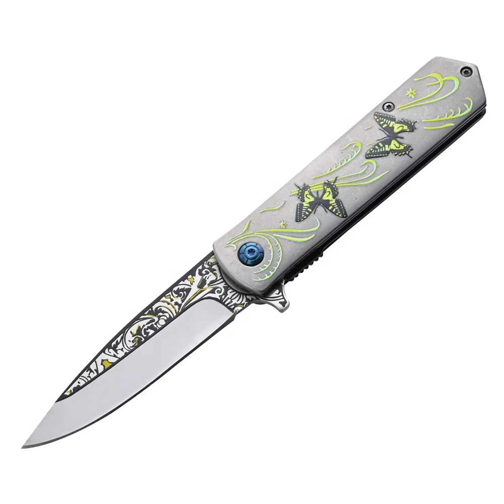 Customized Butterfly Pattern Folding Camping Survival Tactical Pocket Knife With Stainless Steel Handle