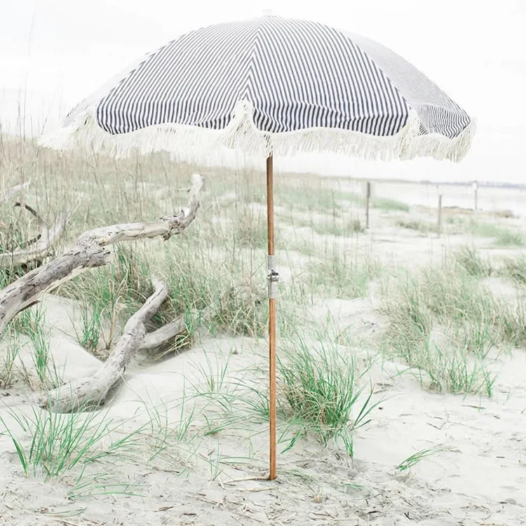 Outdoor Casual Sun Umbrella Tassel Seaside Stripe Vintage Wooden Beach Umbrella
