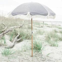 Outdoor Casual Sun Umbrella Tassel Seaside Stripe Vintage Wooden Beach Umbrella