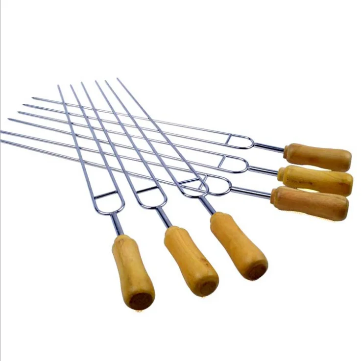 42CM Kebab Skewers, Barbecue Skewers with Wooden Handle Reusable Metal Skewer Stick
