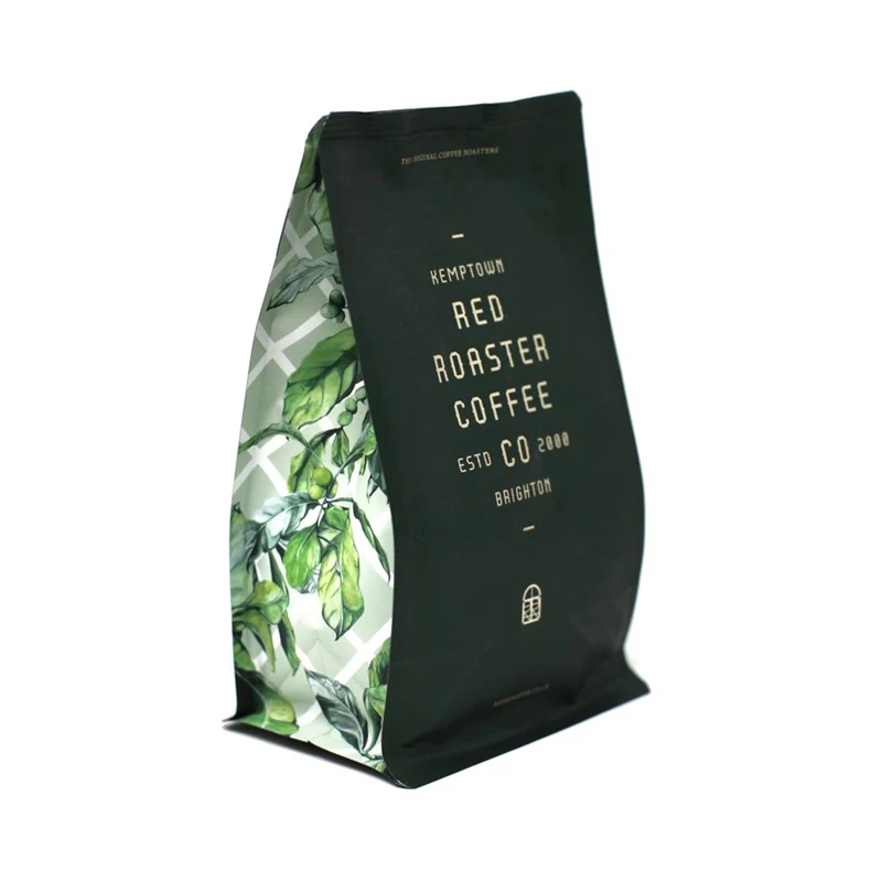 Custom Bottom Biodegradable Stand Up Coffee Pouch Paper Plastic Bag With Degassing Valve