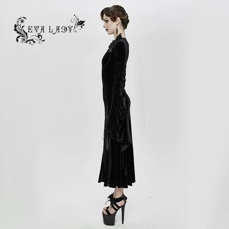 ESKT026 Eva Lady brand ball gown Romantic see through lace sexy women flared sleeve black velvet performance wear evening dress