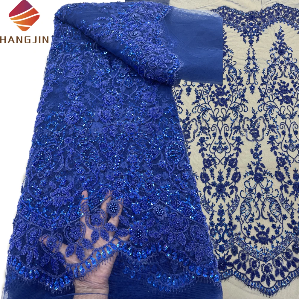 Luxury Sequins Tulle Net Lace Fabric Nigerian Beads Pearl Embroidery Hand Beaded Lace For Party