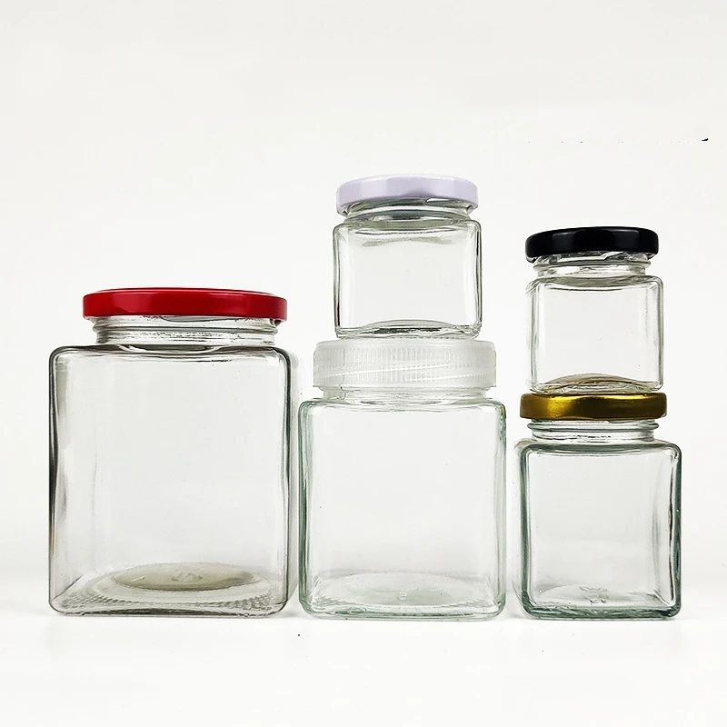 In stock 50-730ml square clear glass empty jar honey jar Pickled vegetables bottle with cap
