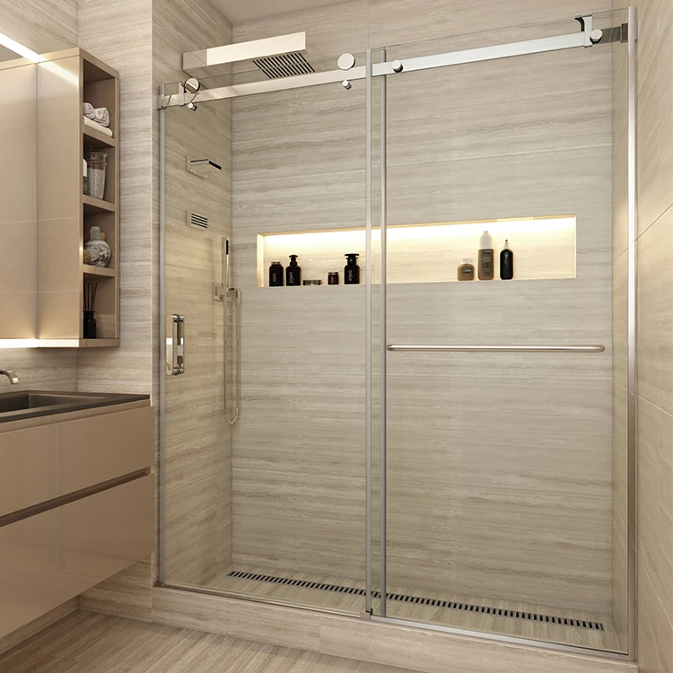 Seawin Aluminium Hardware  Satin Silver Sliding Bathroom Tempered Glass Single sliding door Shower Doors