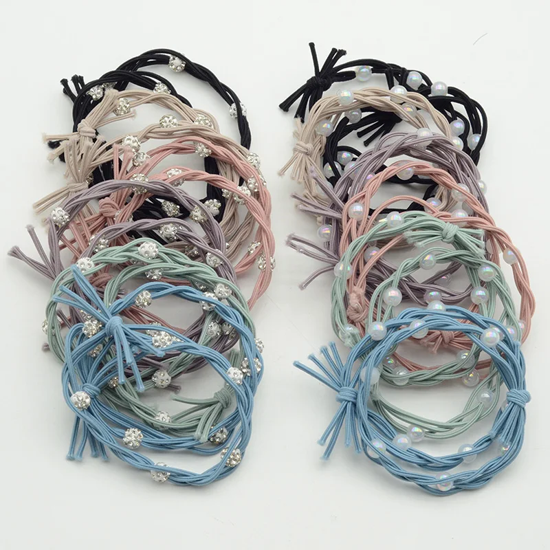 Four Cords Crochet Elastic Hair Bands with White AB Pearl Beads Elasticity Hair Ties Women Scrunchies Ponytail Holders