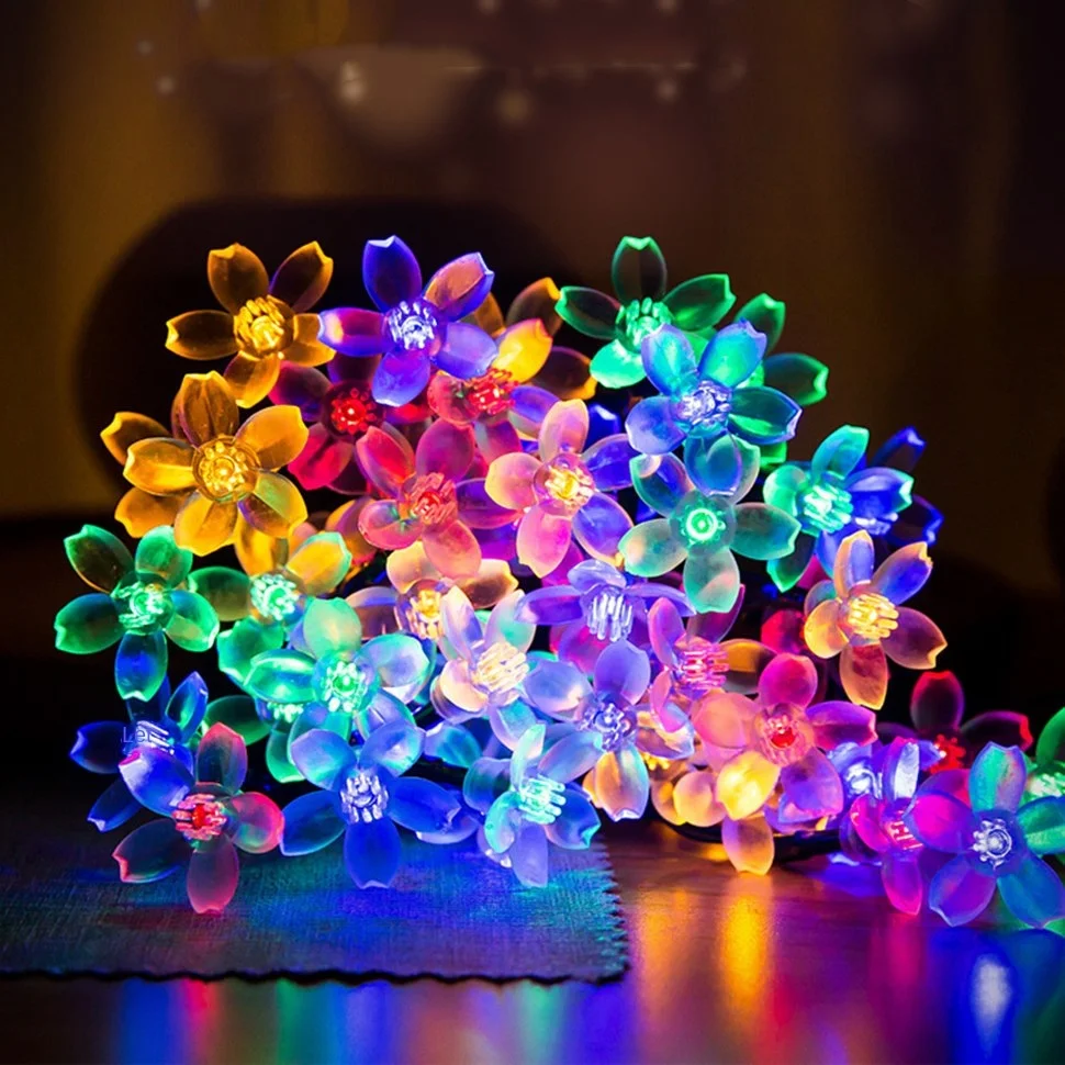 Outdoor Waterproof LED Solar Peach Cherry Flower Blossom String Light For Christmas Decoration Garden Landscape Holiday Party