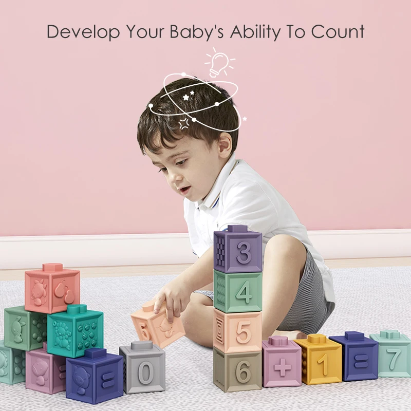 
2021 Baby Soft Toys Sensory Silicone Educational Building Blocks 3D Babies Rubber Teether Squeeze Bath Toys For Toddlers 