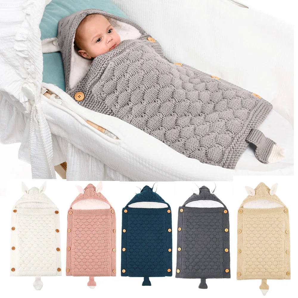 2023 New Arrival Winter 5 Colors  Warm Baby Knitted Envelope Sleeping Bag Pram Swaddle Wrap Sack Knit With Button For Stroller