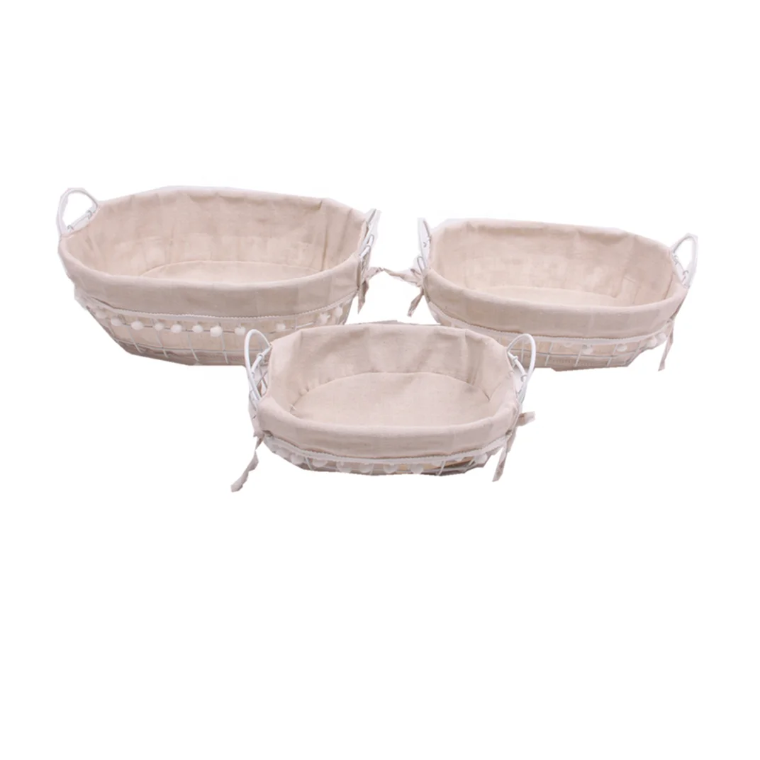 cheap power coated wholesale oval small bread wire baskets fruit basket with fabric liner set of 3