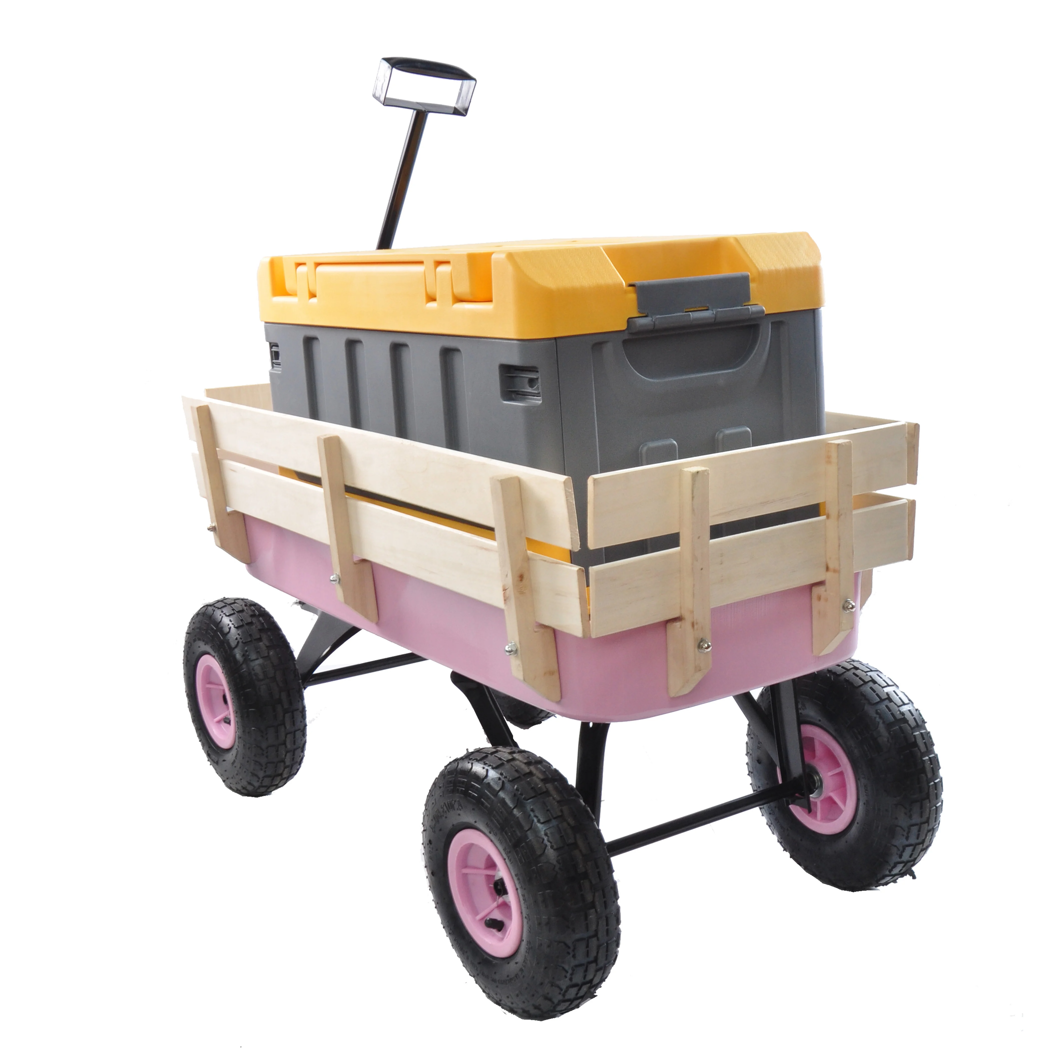 Outdoor cart with wood railing, all-terrain pneumatic wheels, rotatable handle.