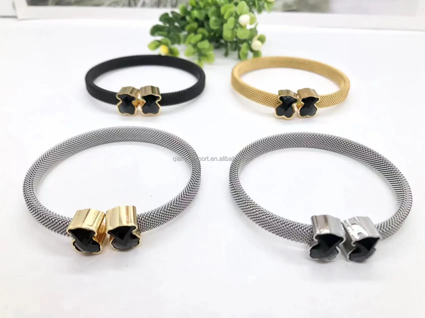 Stainless Steel cuff Cable Bangle Twisted  Gold Cable Wire Bracelet With Bear Ring Ladies Women Jewelry Charm Bracelet