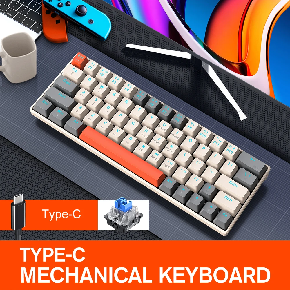 T-WOLF T60 60% Hot Swappable Wired Mechanical Keyboard 63 Keys RGB Backlit Blue Switch Gaming Keyboard Anti-Ghosting