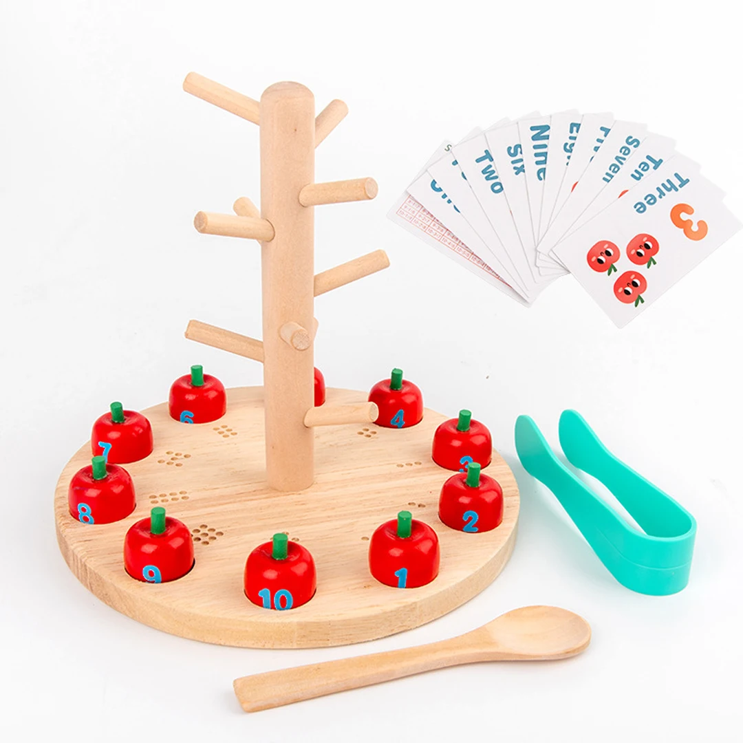 Kids Wooden Educational Math Learning Toy  Apple Tree Game Hand-eye Coordination For Baby Children Logic Cards