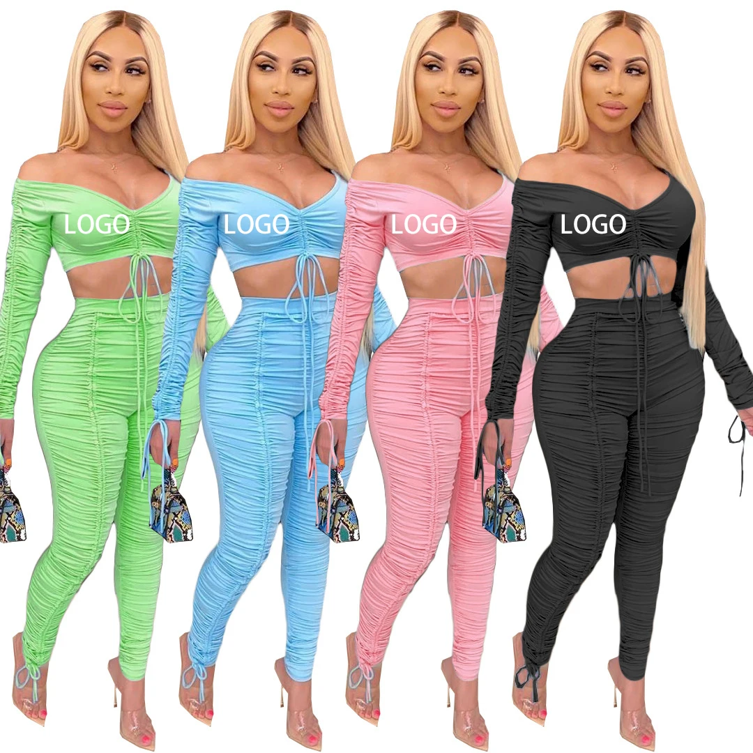 long sleeve solid color stacked two pieces crop top corset sexy women 2 piece set clothing